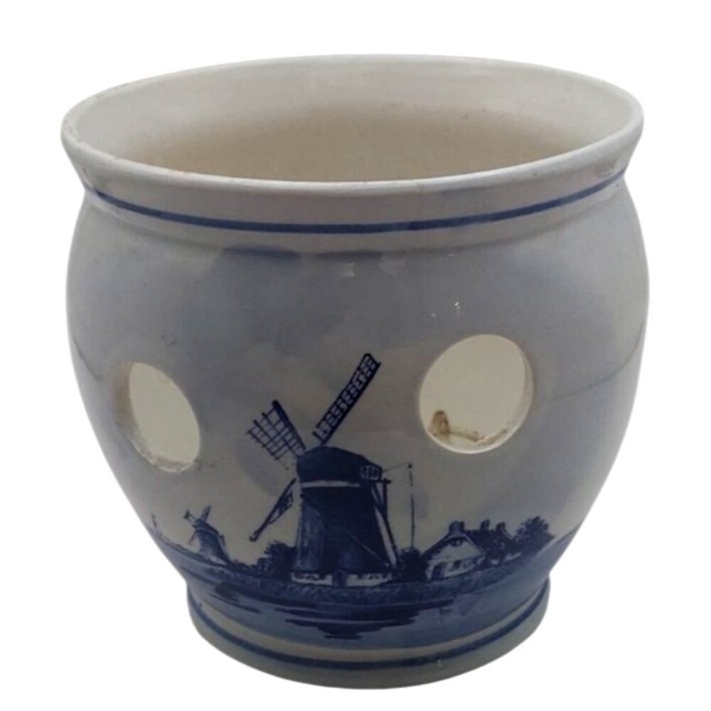 Vintage Delft Blue Hand Painted Ceramic Crocus Bulb Planter Windmill Holland